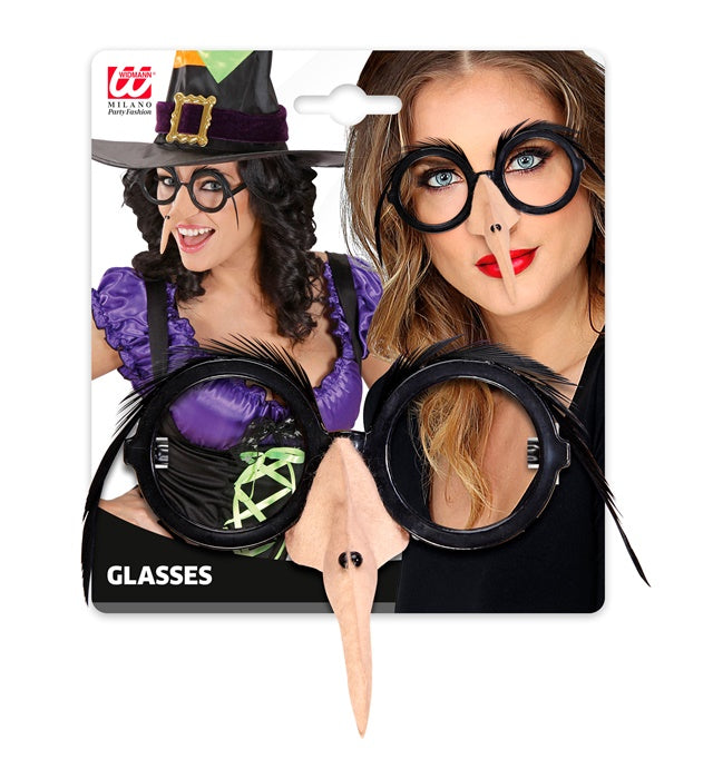 Brille mit Hexennase und schwarzen Feder-Augenbrauen als Fasnachts- und Halloween-Accessoire