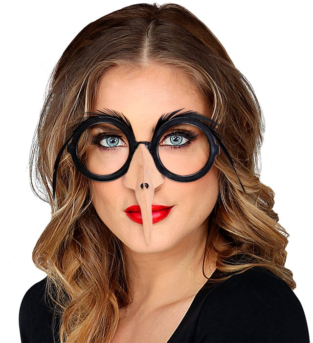 Brille mit Hexennase und schwarzen Feder-Augenbrauen als Fasnachts- und Halloween-Accessoire