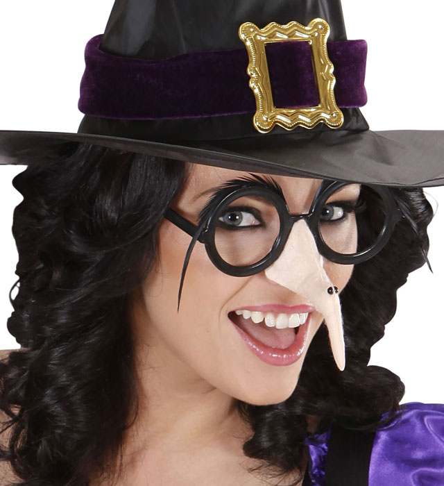 Brille mit Hexennase und schwarzen Feder-Augenbrauen als Fasnachts- und Halloween-Accessoire