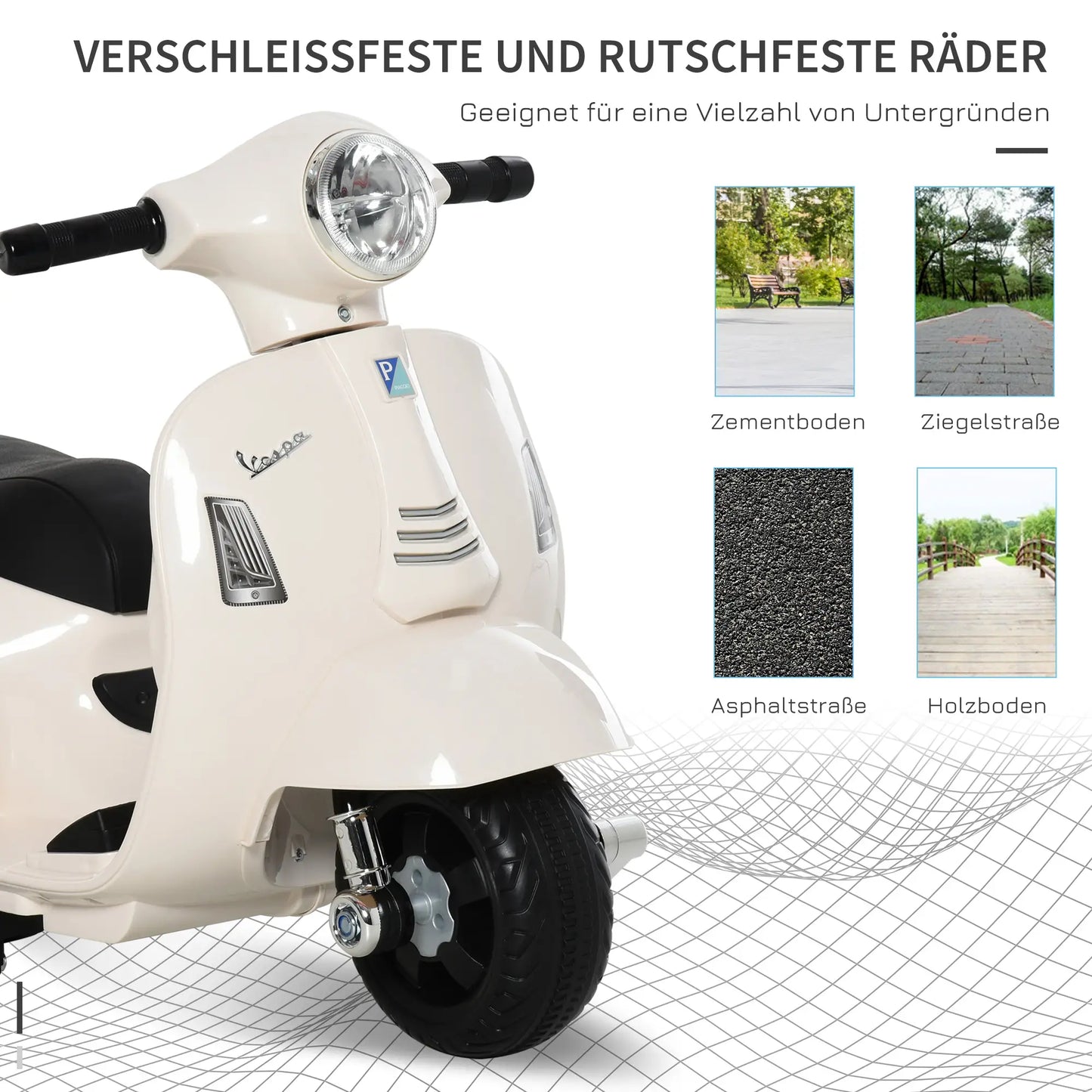 Weißes HOMCOM Vespa Elektro-Kinderfahrzeug mit LED-Licht und Stützrädern für Kleinkinder.