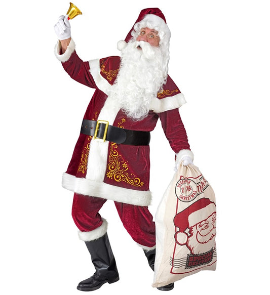 Weihnachtsmann Kostüm mit rotem Mantel, Hut, Hose, Gürtel und Stiefelüberziehern