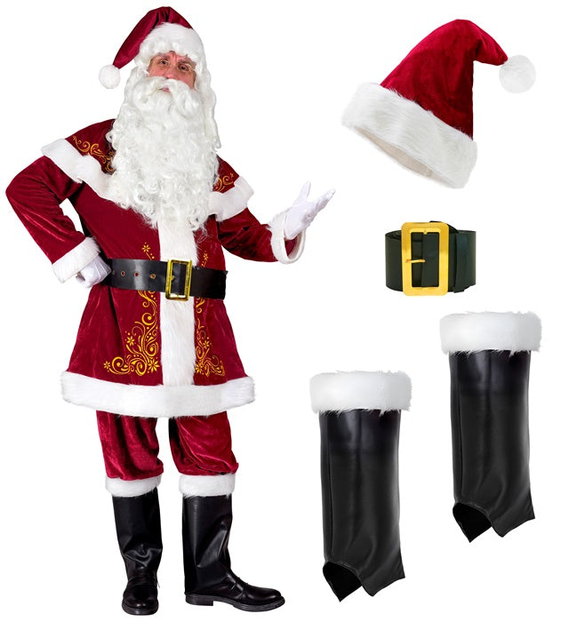 Weihnachtsmann Kostüm mit rotem Mantel, Hut, Hose, Gürtel und Stiefelüberziehern