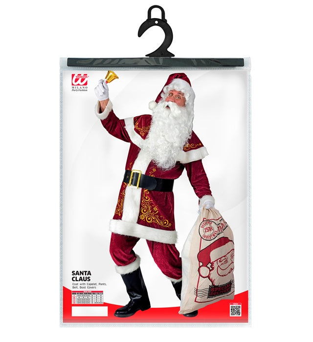 Weihnachtsmann-Kostüm mit rotem Mantel, weißem Umhang, Hut und Stiefelüberziehern