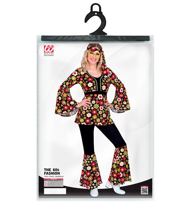 60er Jahre Flower Power Kostüm mit buntem Oberteil, Hose und Stirnband