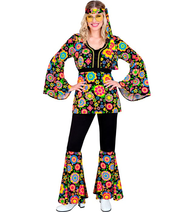 60er Jahre Hippie Kostüm mit buntem Blumenmuster bestehend aus Oberteil, Hose und Stirnband