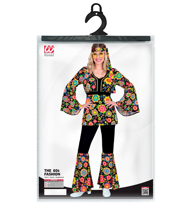60er Jahre Hippie Kostüm mit buntem Blumenmuster bestehend aus Oberteil, Hose und Stirnband