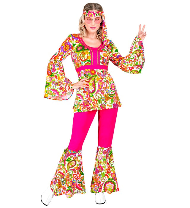 60er Jahre Hippie Kostüm Set mit Oberteil, Hose und Stirnband in Peace & Paisley Design