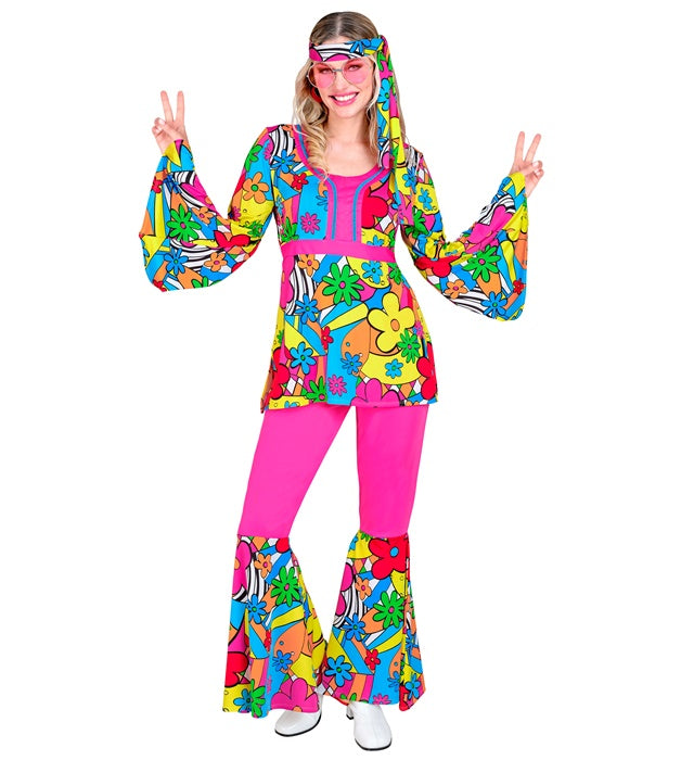 60er Jahre Flower Power Kostüm mit buntem Oberteil, Hose und Stirnband