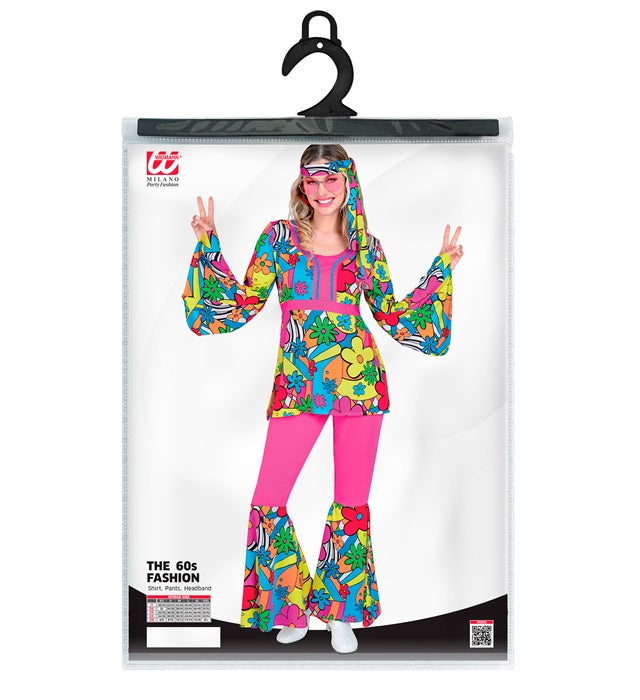 60er Jahre Flower Power Kostüm mit buntem Oberteil, Hose und Stirnband