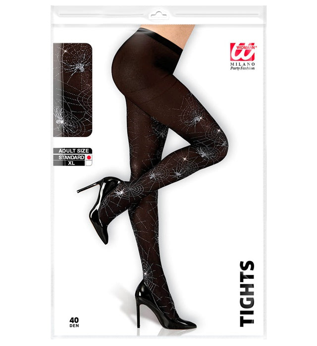 Silberne Strumpfhose mit Spinnennetz und Spinnenmuster auf Bein