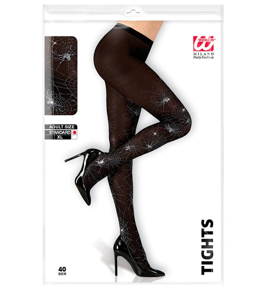 Silberne Strumpfhose mit Spinnennetz und Spinnenmuster auf Bein