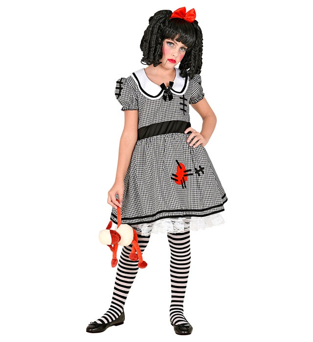 Horror-Puppen-Kostüm mit ausgestelltem Kleid, Reifunterrock und roter Haarschleife