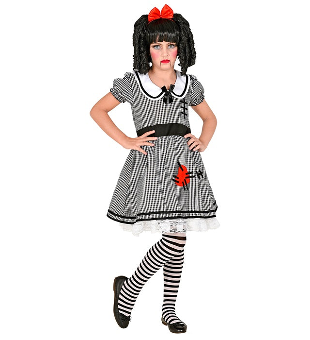 Horror-Puppen-Kostüm mit ausgestelltem Kleid, Reifunterrock und roter Haarschleife