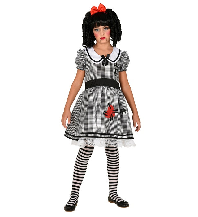 Horror-Puppen-Kostüm mit ausgestelltem Kleid, Reifunterrock und roter Haarschleife