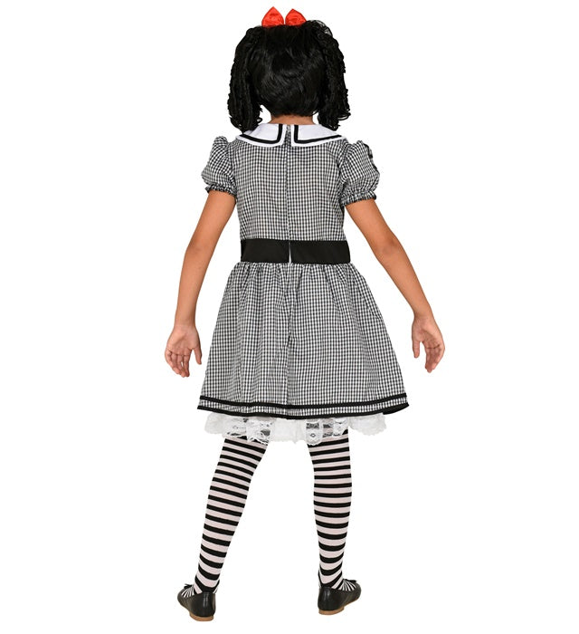 Horror-Puppen-Kostüm mit ausgestelltem Kleid, Reifunterrock und roter Haarschleife