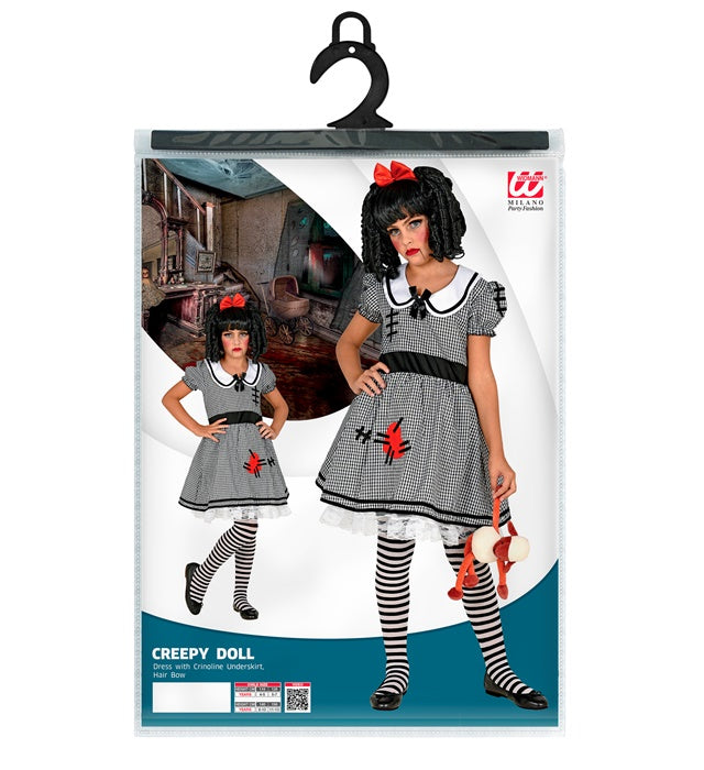 Horror-Puppen-Kostüm mit ausgestelltem Kleid, Reifunterrock und roter Haarschleife