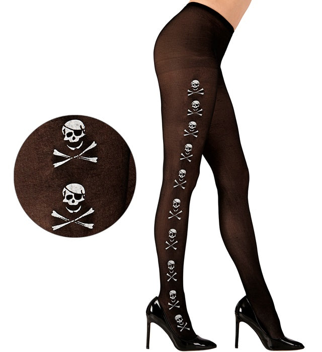 Schwarze Strumpfhose mit weissen Totenköpfen und Knochenmuster