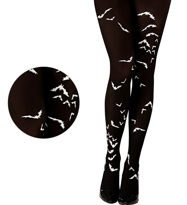 Strumpfhose mit schwarzen Fledermaus-Motiven auf transparentem Stoff