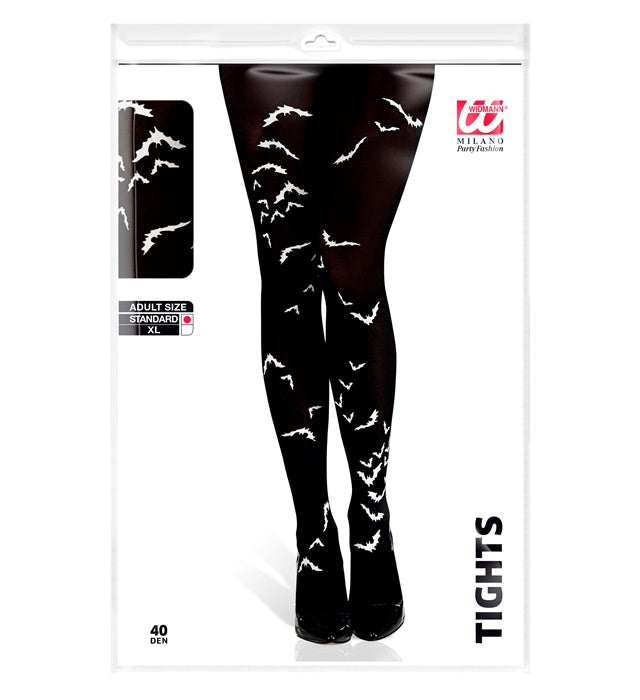 Strumpfhose mit schwarzen Fledermaus-Motiven auf transparentem Stoff