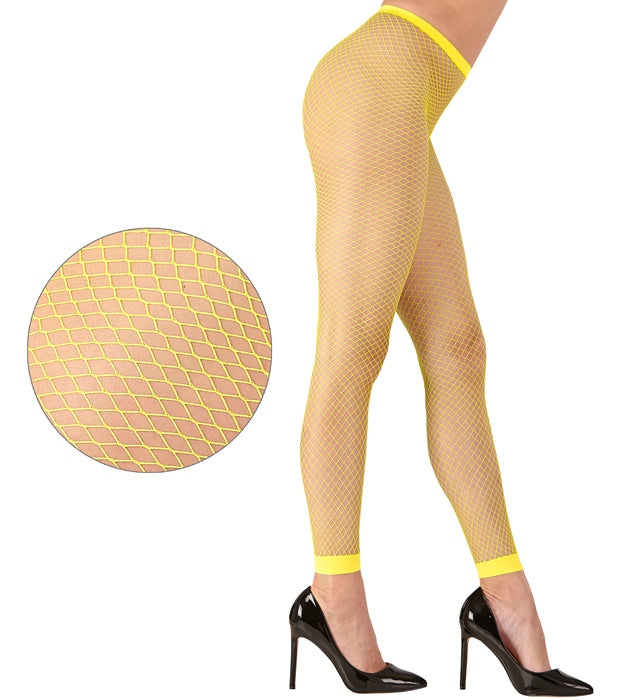 Neon gelbe Netz-Leggings auf weißem Hintergrund, ideal für Fasnacht und Karneval