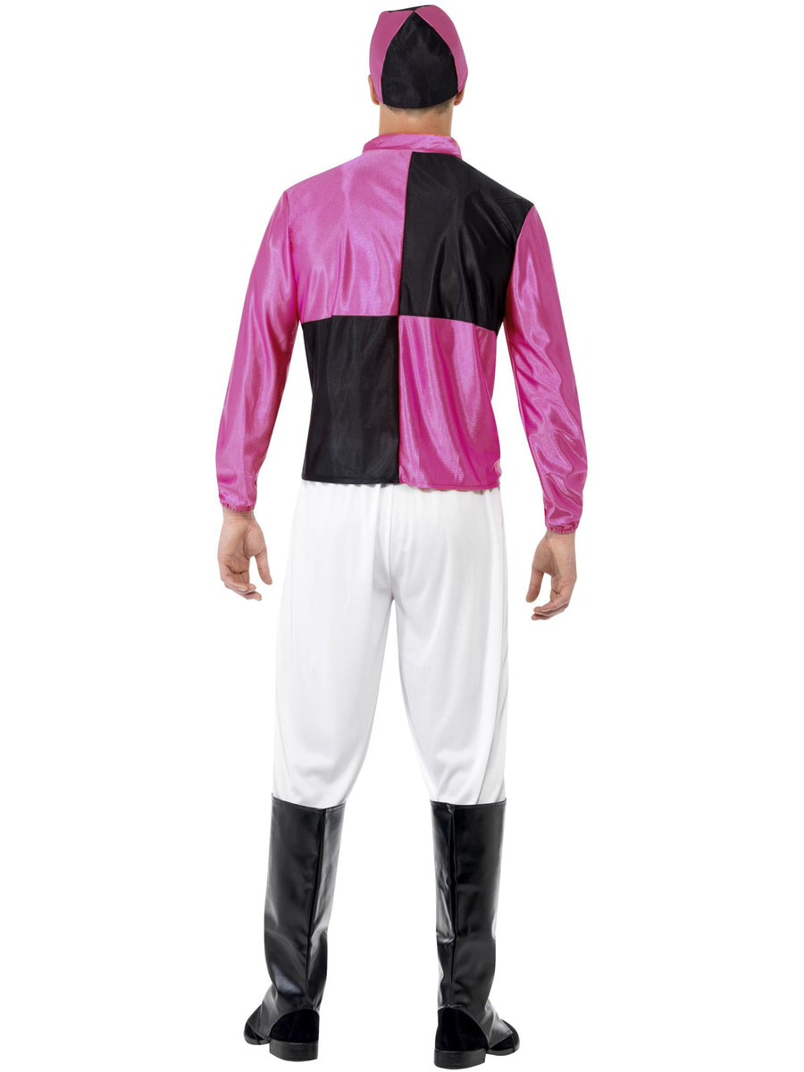 Smiffys Jockey-Kostüm für Herren in Pink und Schwarz mit Oberteil Hose Hut Brille und Stiefelüberziehern – Detailansicht