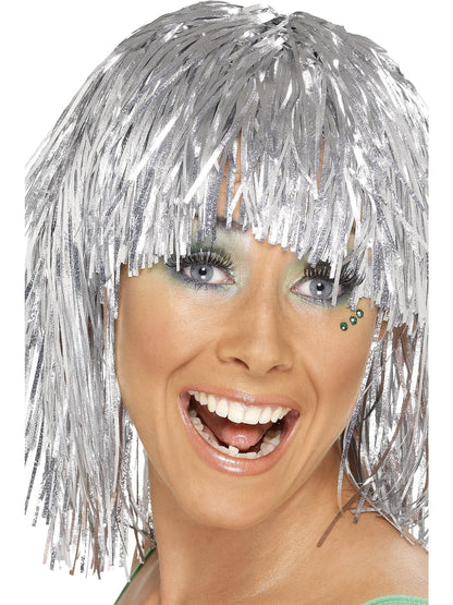 Smiffys goldene 1970s Disco Cyber-Tinsel-Perücke für Damen – Detailansicht