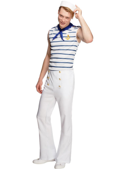 Smiffys French Sailor Kostüm für Herren in Weiss mit Oberteil, Hose und Halstuch – Produktansicht