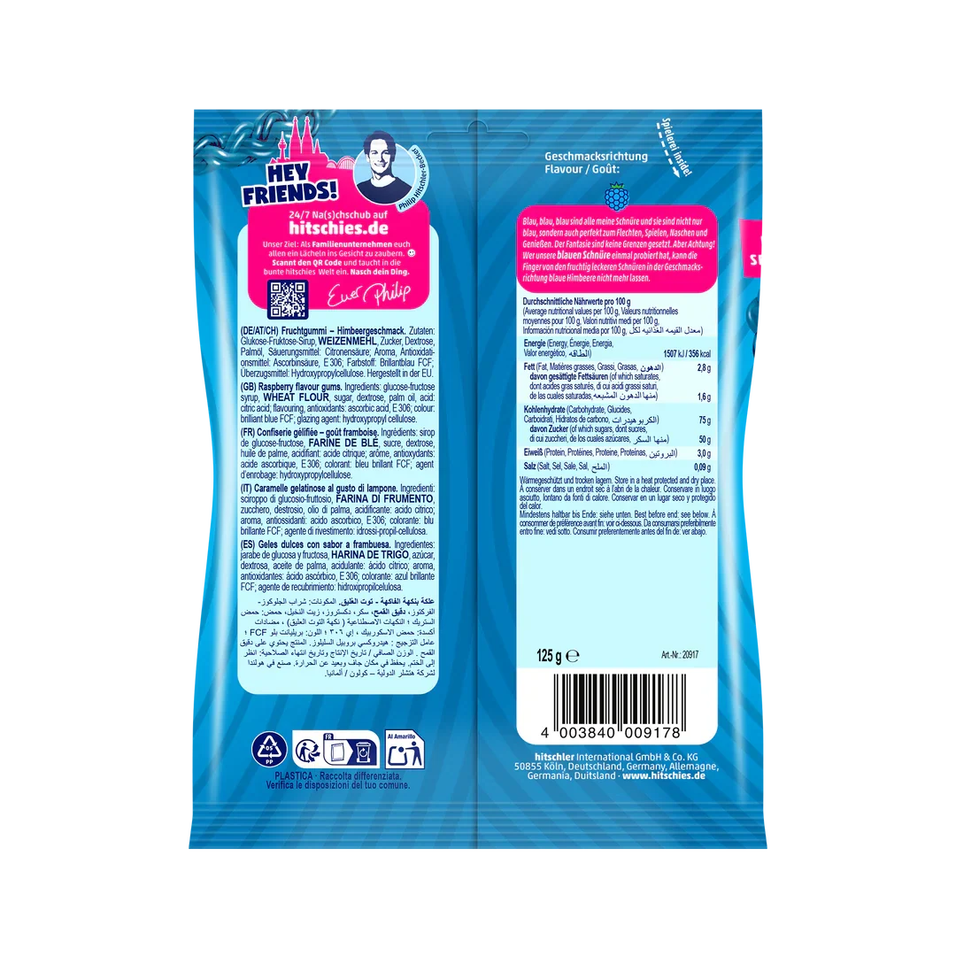 Hitschies Schnüre Blau Himbeere 125 g Veganes Fruchtgummi