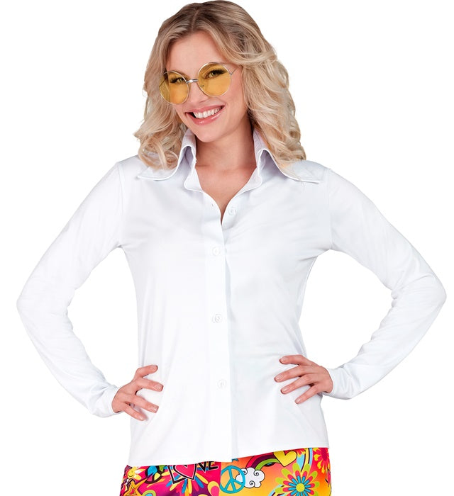 Weiße 70er Jahre Bluse im Groovy Style für Fasnacht und Mottopartys