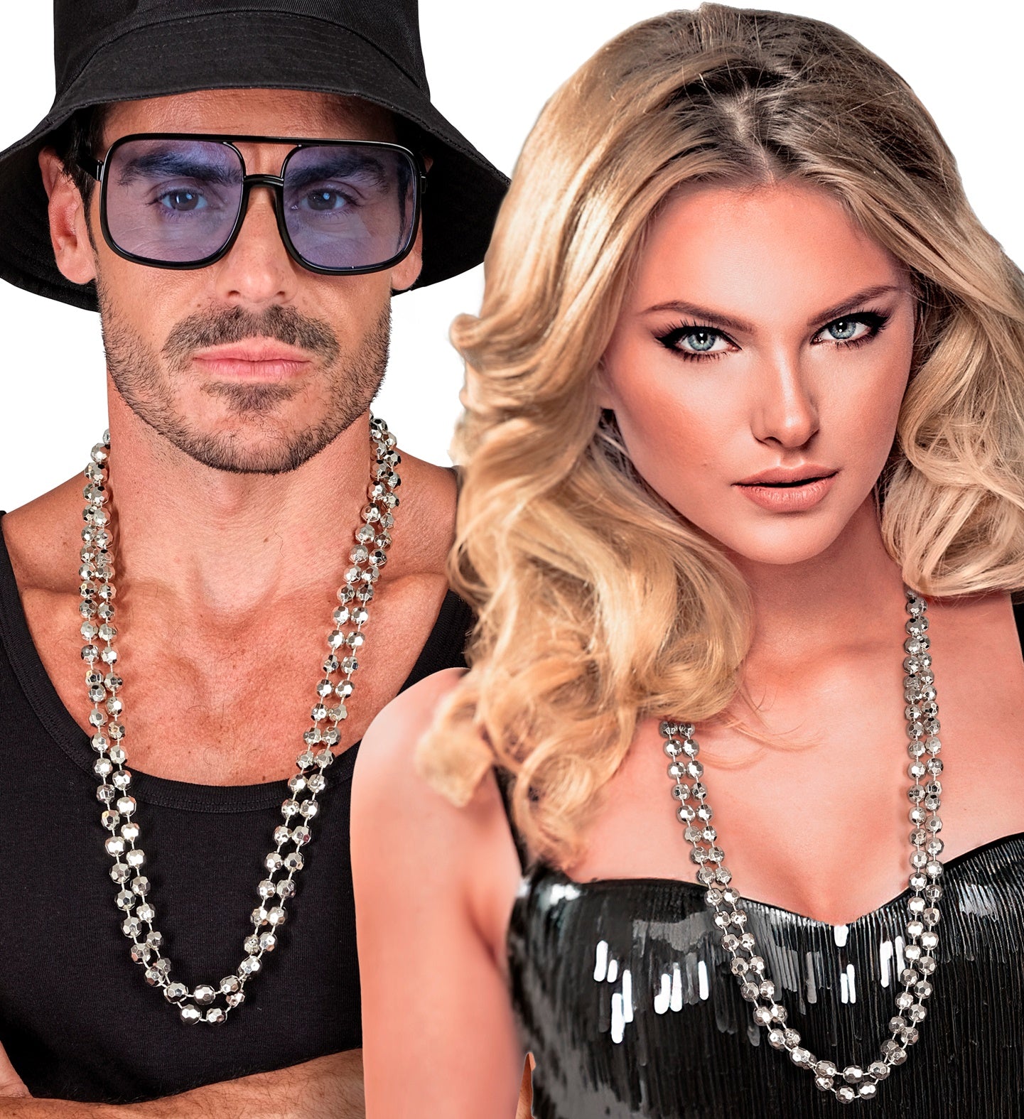 Zweier-Set silberne Disco-Kugel-Halsketten mit 40 cm Kettenlänge und funkelnden Acrylscheiben