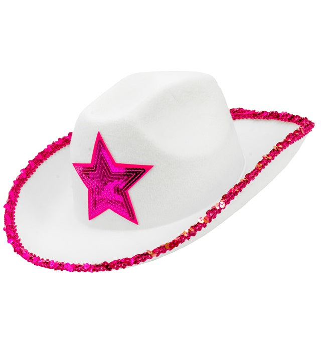 Weisser Cowgirl Partyhut mit pinkem Stern aus Pailletten auf neutralem Hintergrund