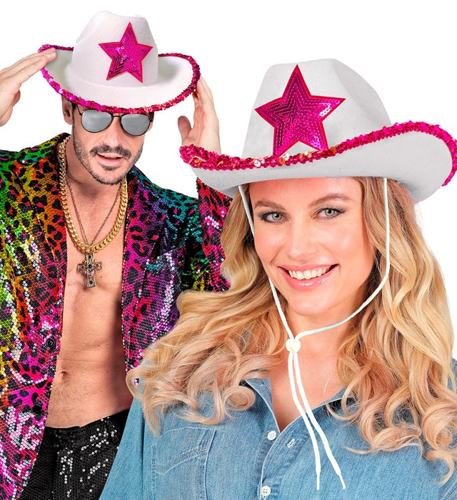 Weisser Cowgirl Partyhut mit pinkem Stern aus Pailletten auf neutralem Hintergrund
