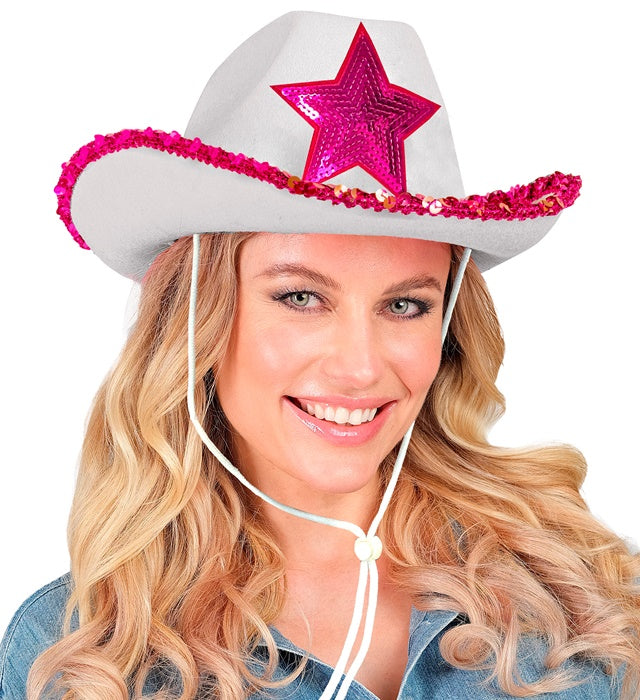 Weisser Cowgirl Partyhut mit pinkem Stern aus Pailletten auf neutralem Hintergrund