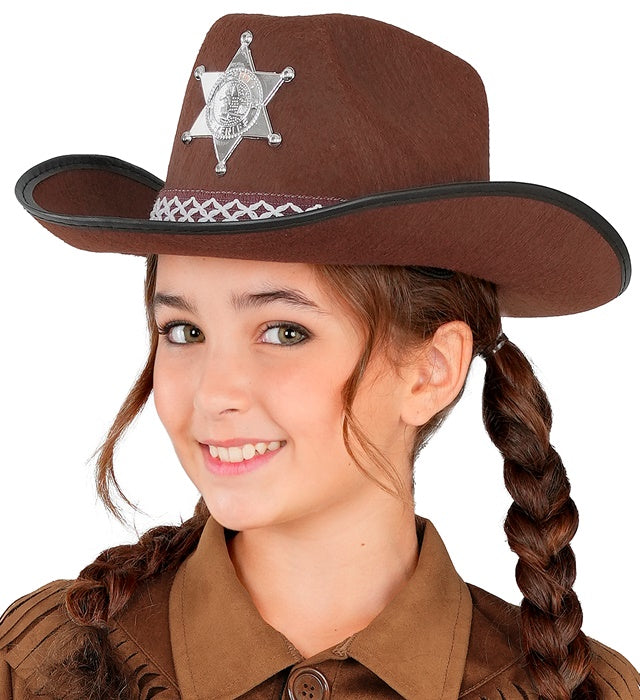 Brauner Cowboyhut mit Sheriffstern in Kindergröße