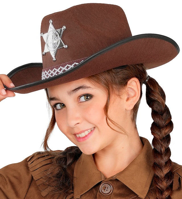 Brauner Cowboyhut mit Sheriffstern in Kindergröße