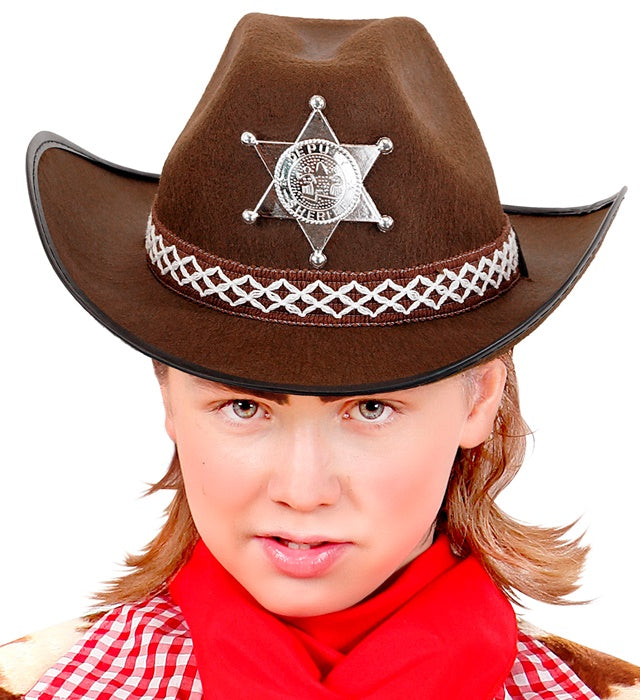 Brauner Cowboyhut mit Sheriffstern in Kindergröße