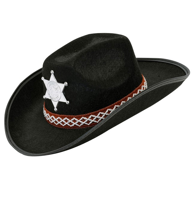 Schwarzer Cowboyhut mit Sheriffstern für Kinder auf weißem Hintergrund