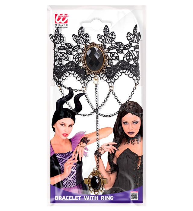 Schwarzes Spitzen-Armband mit Ring und schwarzen Edelsteinen als Halloween-Accessoire