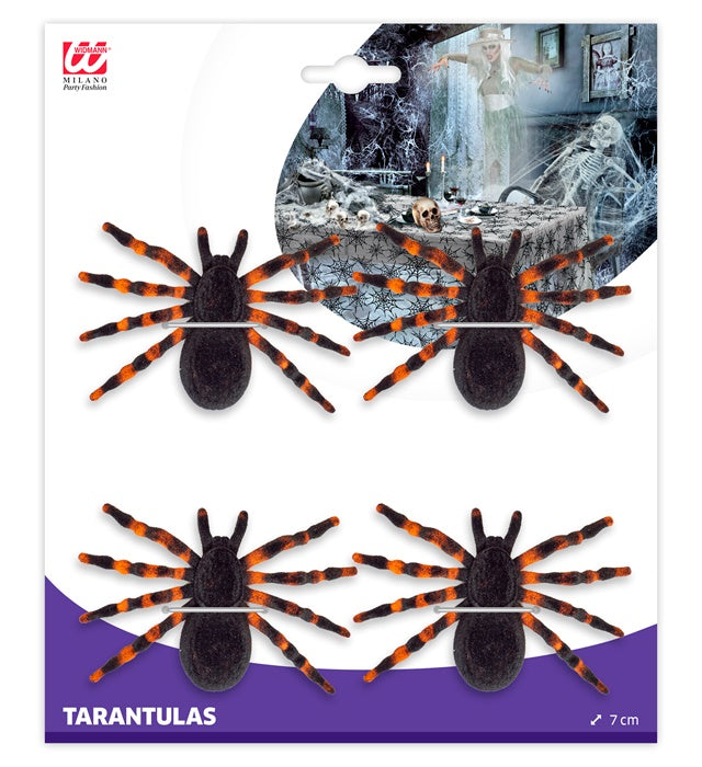 Vier realistisch beflockte Taranteln als Dekoration für Fasnacht und Halloween