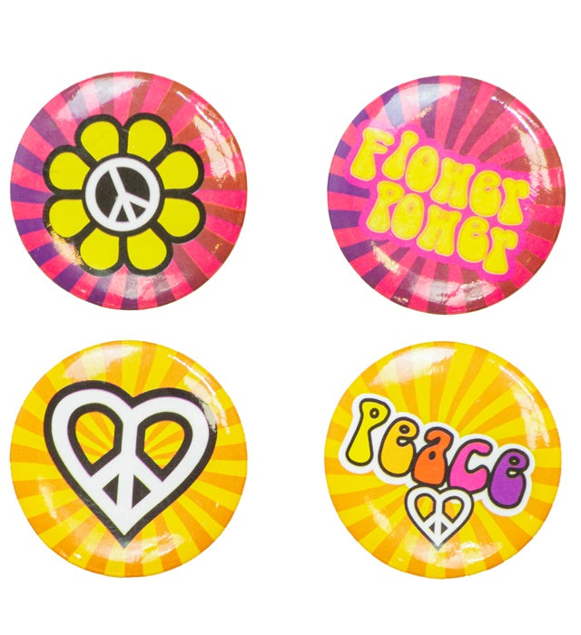 Set von 4 bunten Hippie-Pins im Retro-Design für Fasnacht und Karneval
