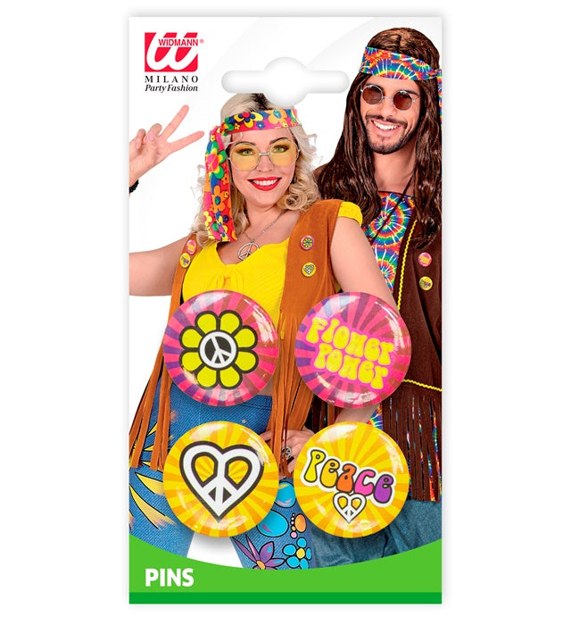 Set von 4 bunten Hippie-Pins im Retro-Design für Fasnacht und Karneval