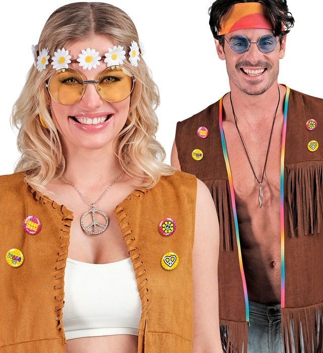 Set von 4 bunten Hippie-Pins im Retro-Design für Fasnacht und Karneval