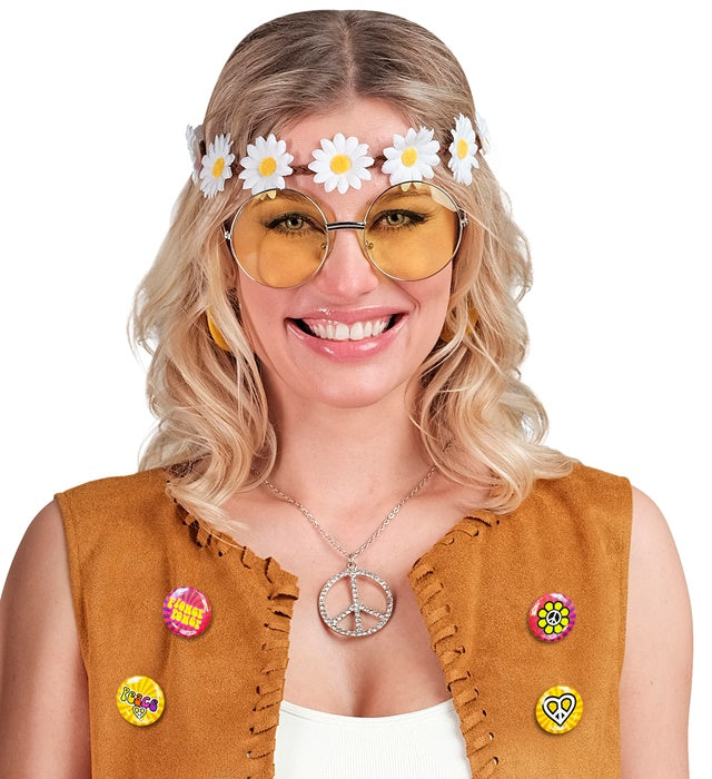 Set von 4 bunten Hippie-Pins im Retro-Design für Fasnacht und Karneval