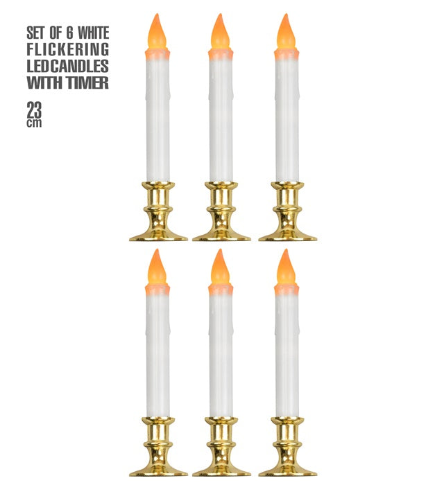 Set mit sechs weißen flackernden LED-Kerzen 23 cm mit Timer