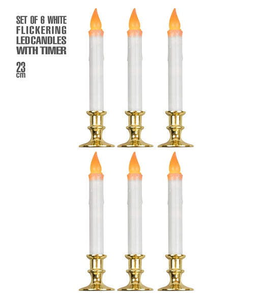 Set mit sechs weißen flackernden LED-Kerzen 23 cm mit Timer