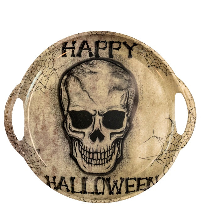 Rundes Halloween Tablett mit Totenkopf-Motiv und Griffen, 30 cm Durchmesser
