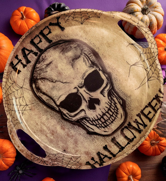 Rundes Halloween Tablett mit Totenkopf-Motiv und Griffen, 30 cm Durchmesser