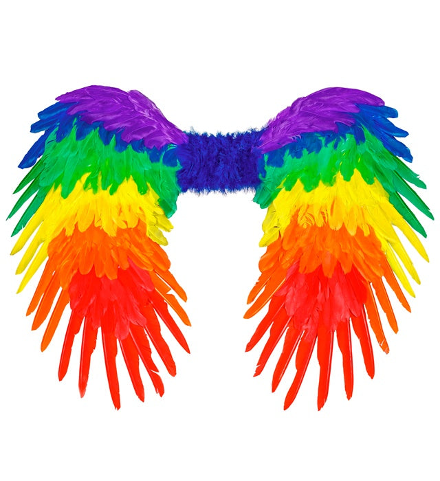 Faltbare Regenbogen-Federflügel mit bunten Federn auf schwarzem Hintergrund