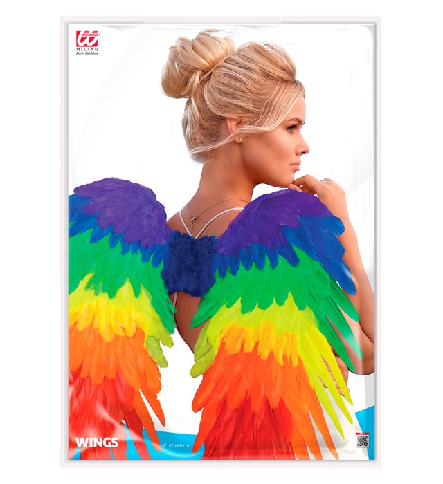 Faltbare Regenbogen-Federflügel mit bunten Federn auf schwarzem Hintergrund