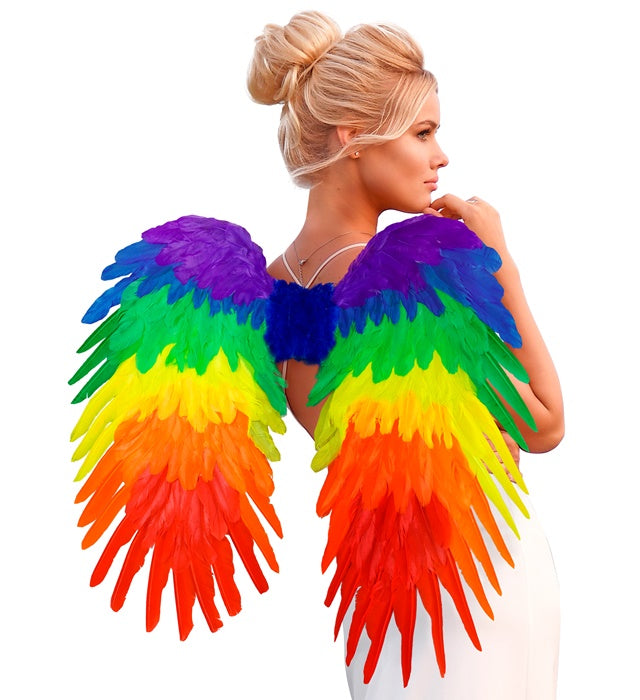 Faltbare Regenbogen-Federflügel mit bunten Federn auf schwarzem Hintergrund